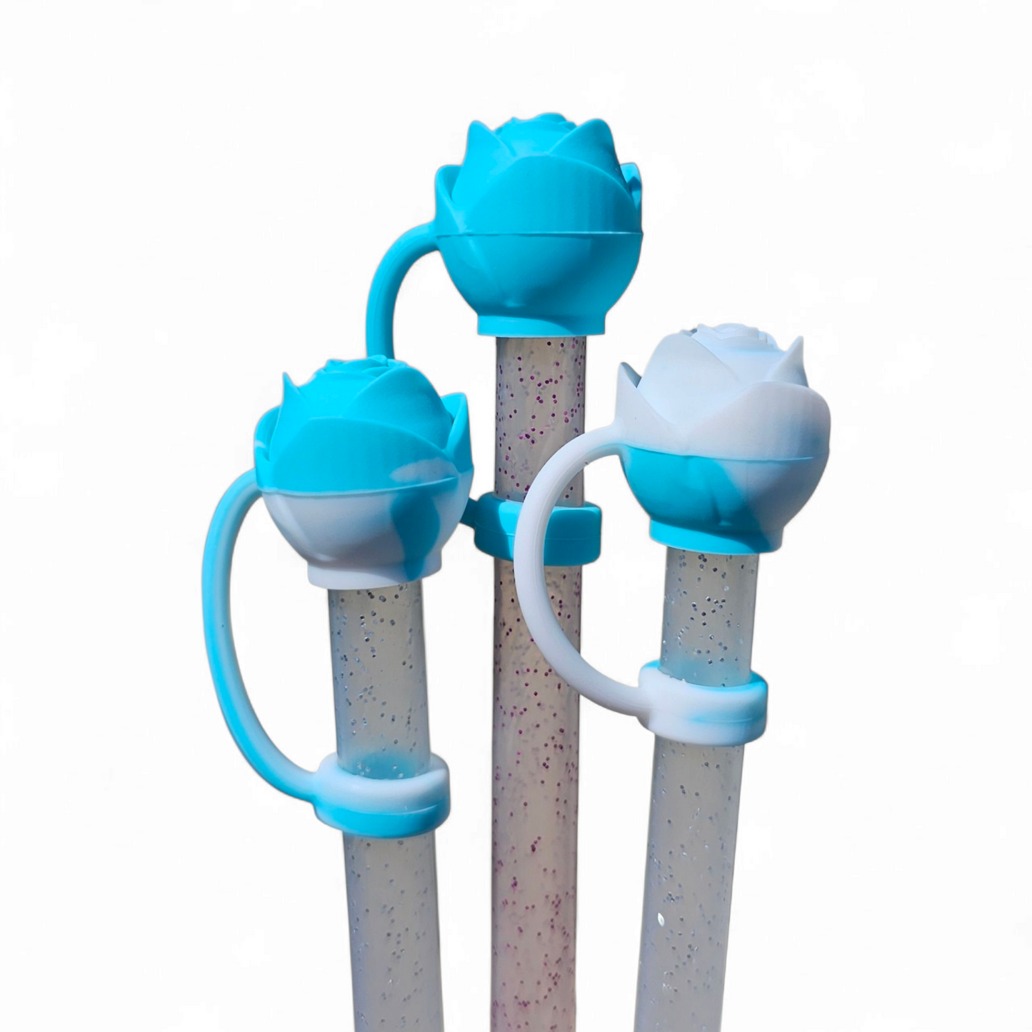 Rose 3D Silicone 10mm Straw Toppers - Tiffany Blue