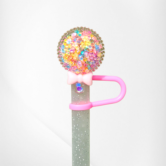 Bling Candy Lollipop Silicone Straw Topper  - Rainbow Pink