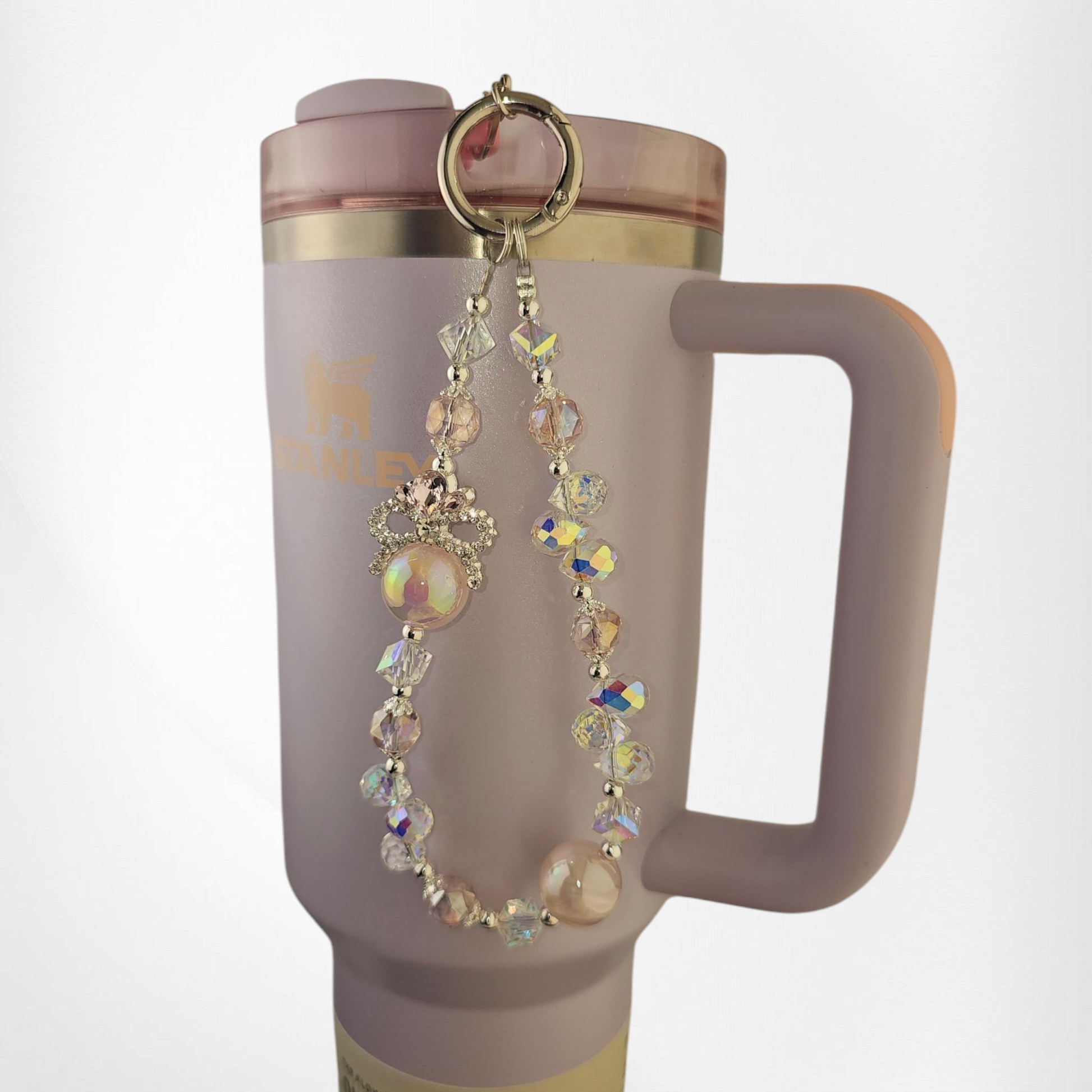 Deluxe Pink, white, and silver princess beaded Tumbler Charm. 