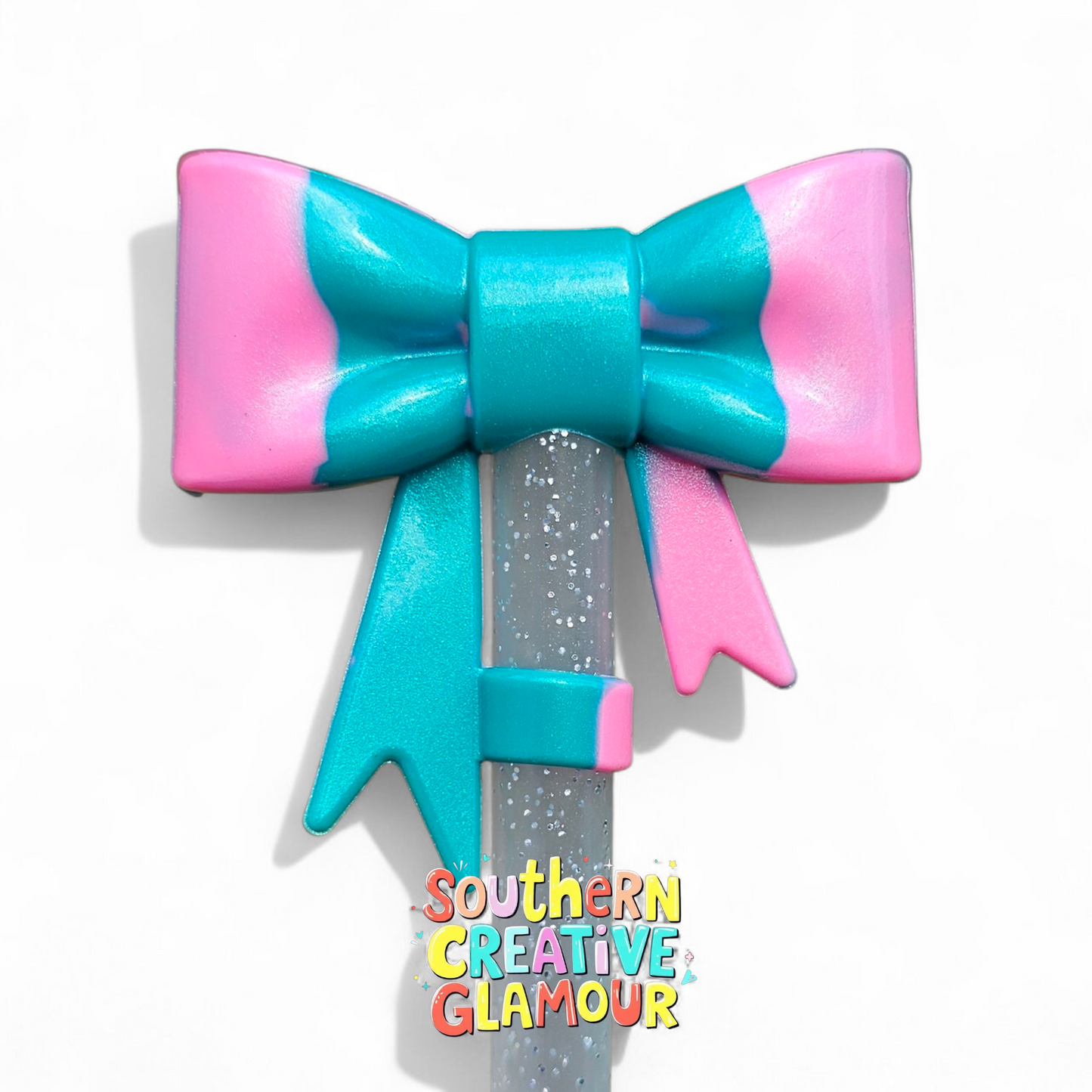 Tiffany Pink Swirl Shimmer 3D Bow Silicone 10mm Straw Topper by Southern Creative Glamour 