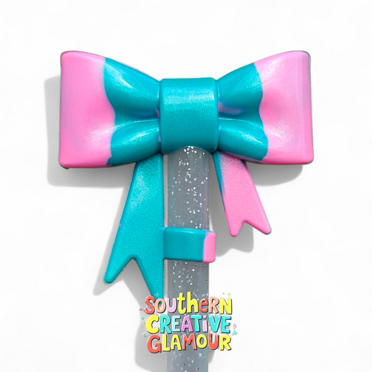 Tiffany Pink Swirl Shimmer 3D Bow Silicone 10mm Straw Topper by Southern Creative Glamour 