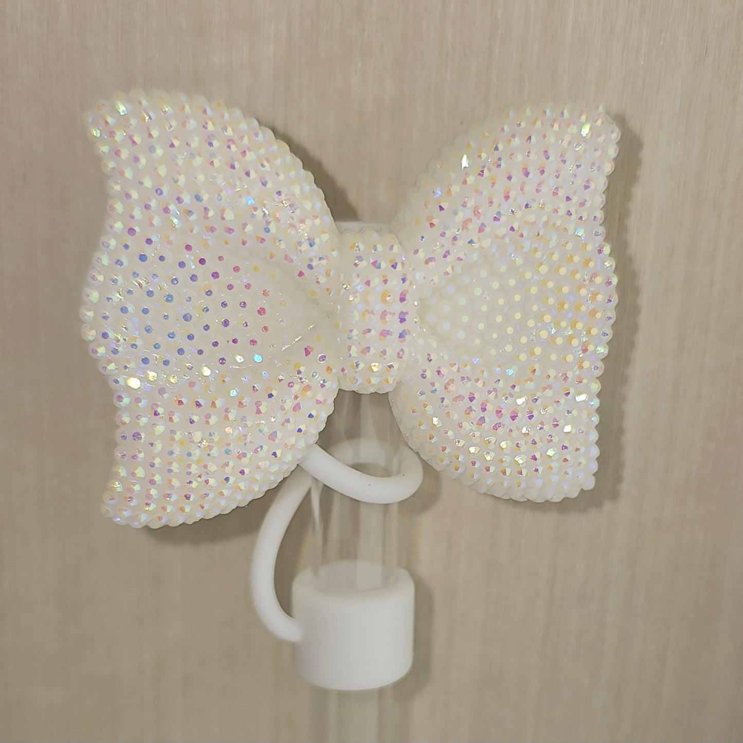 White Glitter Ribbon Bow Silicone Straw Topper  - Straw Cover 