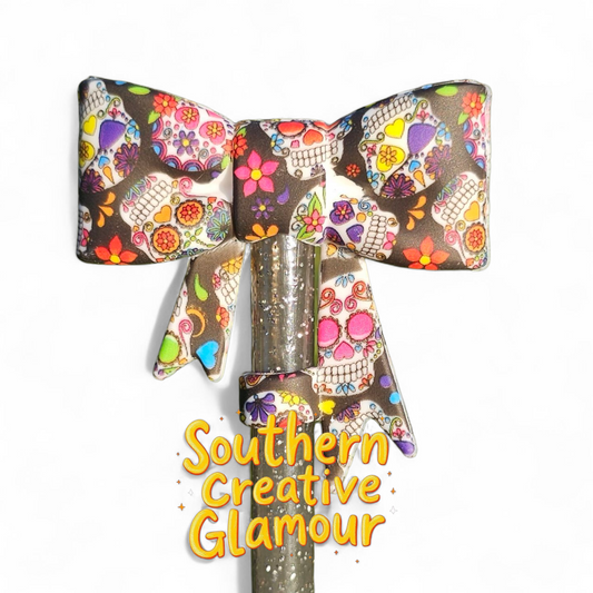 Halloween Sugar Skull 3D Bow Silicone 10mm Straw Topper by Southern Creative Glamour 
