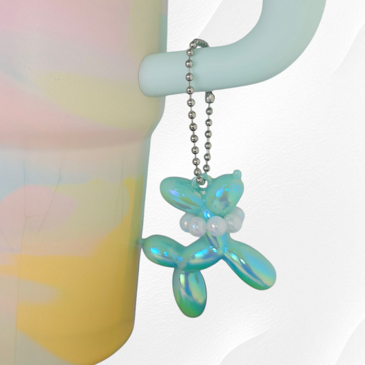Iridescent Pearlescent Mint Green Balloon Dog Charm with Beaded Faux Pearl Necklace. 
