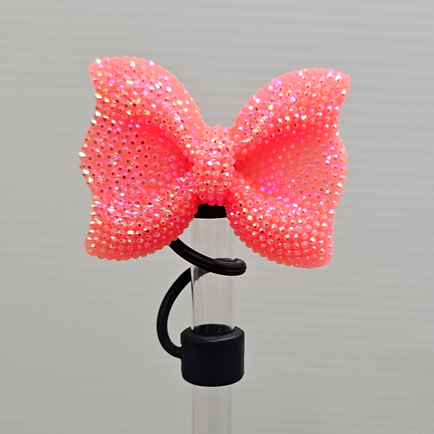 Coral Pink Glitter Bow with black Silicone Straw Topper base. Straw Cover  - Straw Topper 