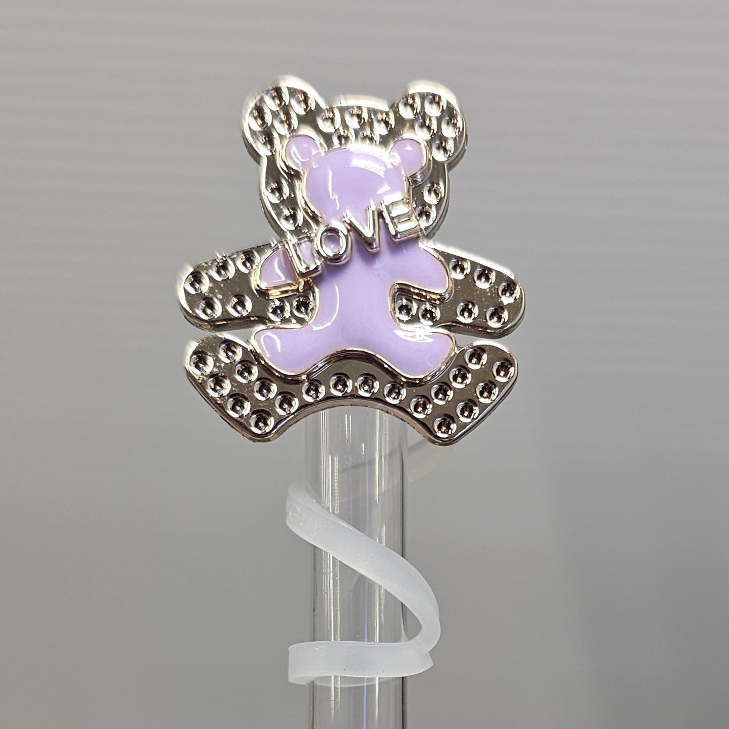 Shiny Purple Teddy Bear with " Love " Silicone Straw Topper  - Straw Cover. Fits 10mm Straws. 