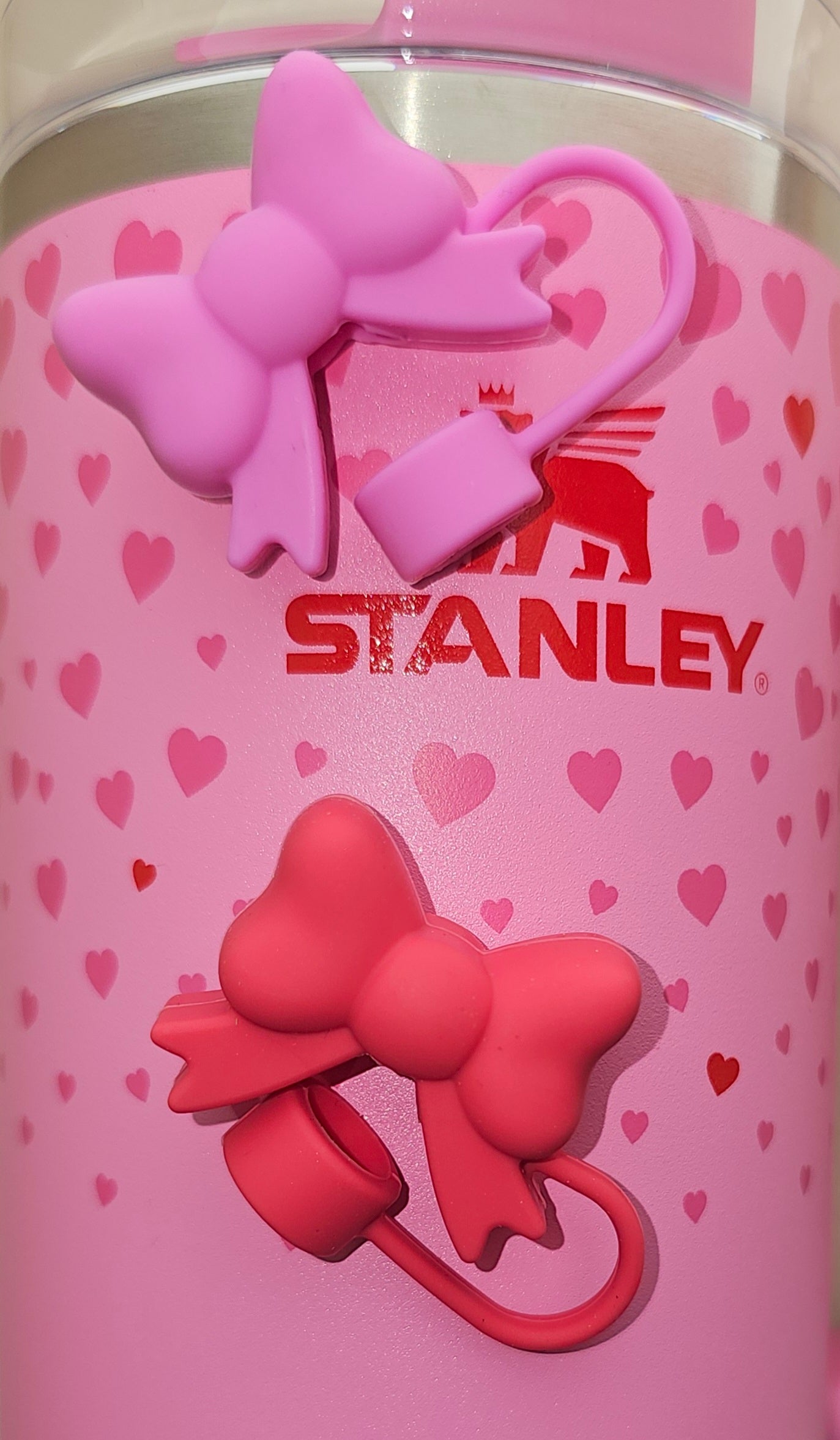 Sweetheart Pink and Ruby Red Heart Butterfly Ribbon Bow 3D Silicone Straw Topper  - Straw Cover  - Straw Topper. Pictured with Target Exclusive Valentine's Day Stanley Sweet Hearts. 