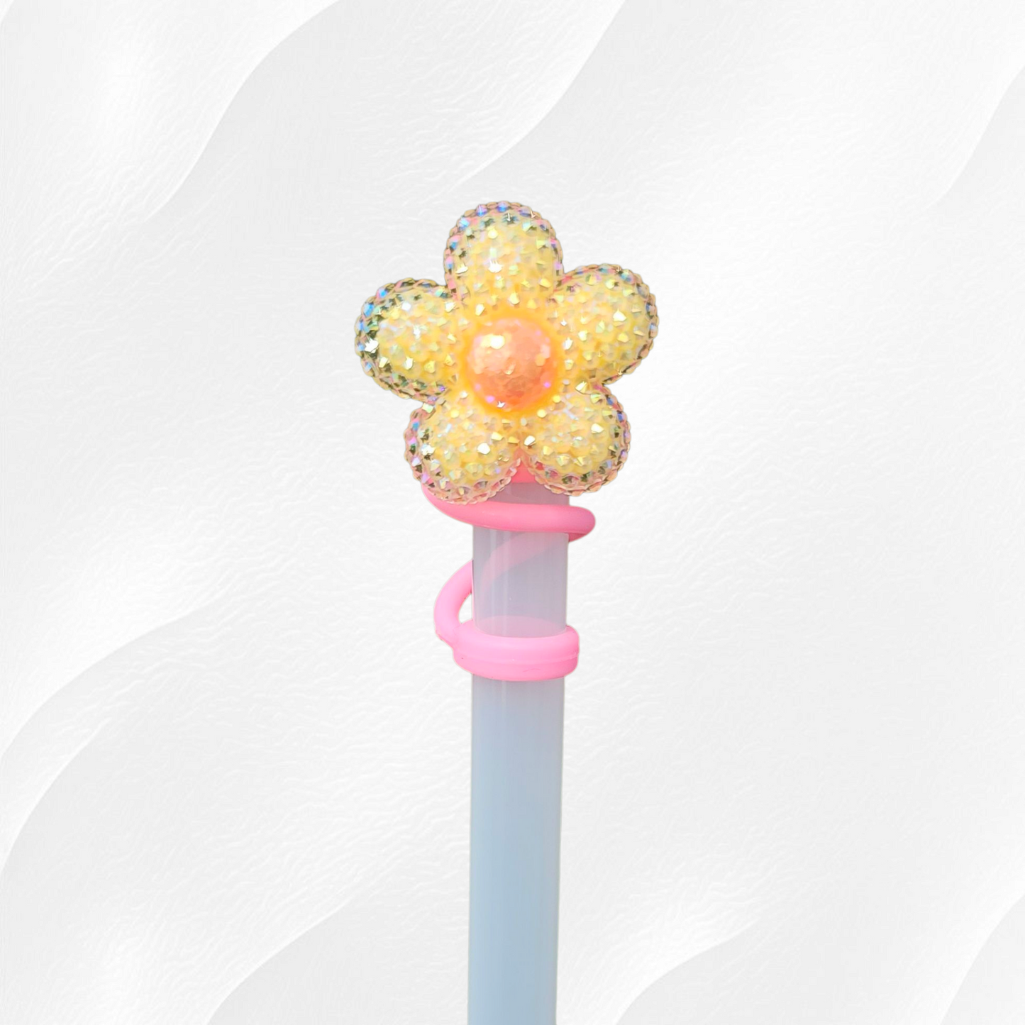 Yellow Glitter Daisy Flower Silicone Straw Topper  - Straw Cover. 