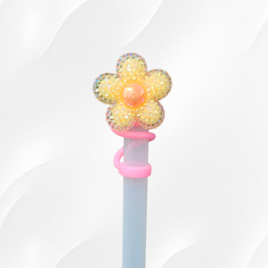Yellow Glitter Daisy Flower Silicone Straw Topper  - Straw Cover. 