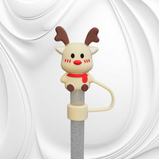Holiday Christmas Rudolph the Red Nose Reindeer 3D Silicone Straw Topper 