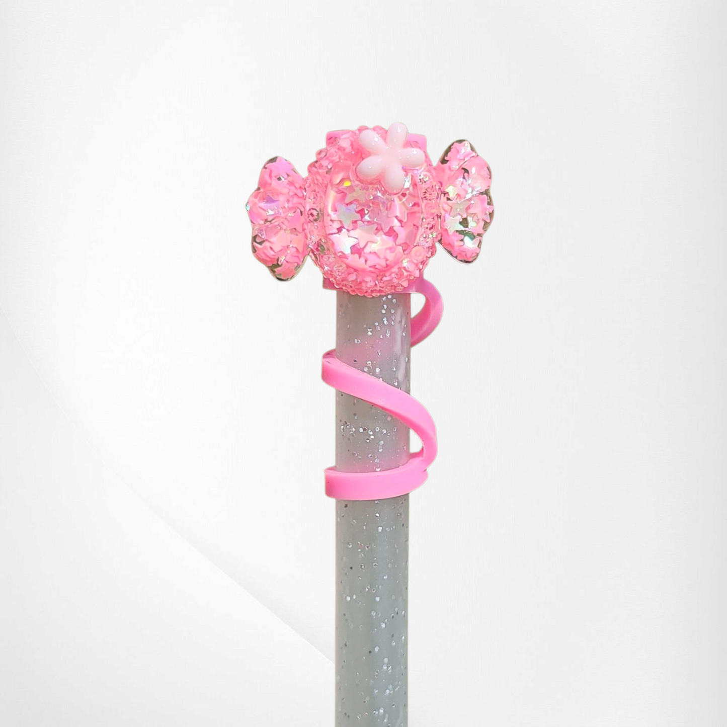 Bling Sequin Candy Silicone Straw Topper  - Pink
