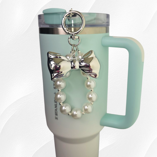 Bow & Pearl Tumbler Charm Bracelet  - Silver and White 