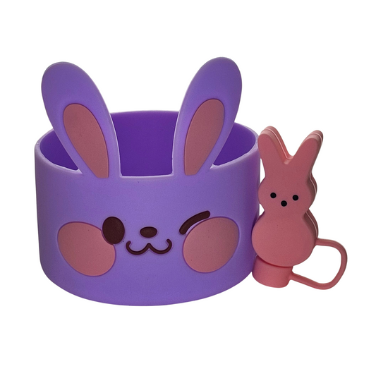 Purple and pink Easter Bunny Silicone Tumbler Boot and PEEPS inspired pink bunny 3D Silicone Straw Topper combo. 