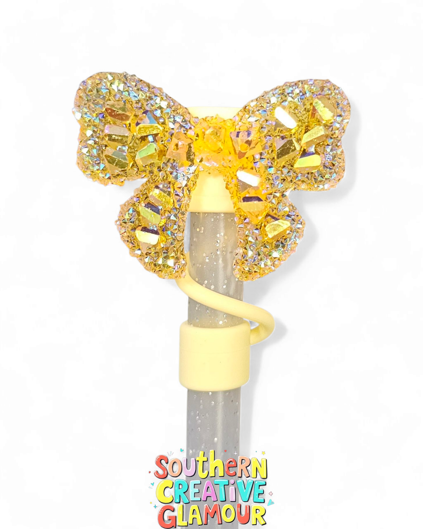 Gold Glitter Ribbon Bow Silicone 10mm Straw Topper by Southern Creative Glamour 
