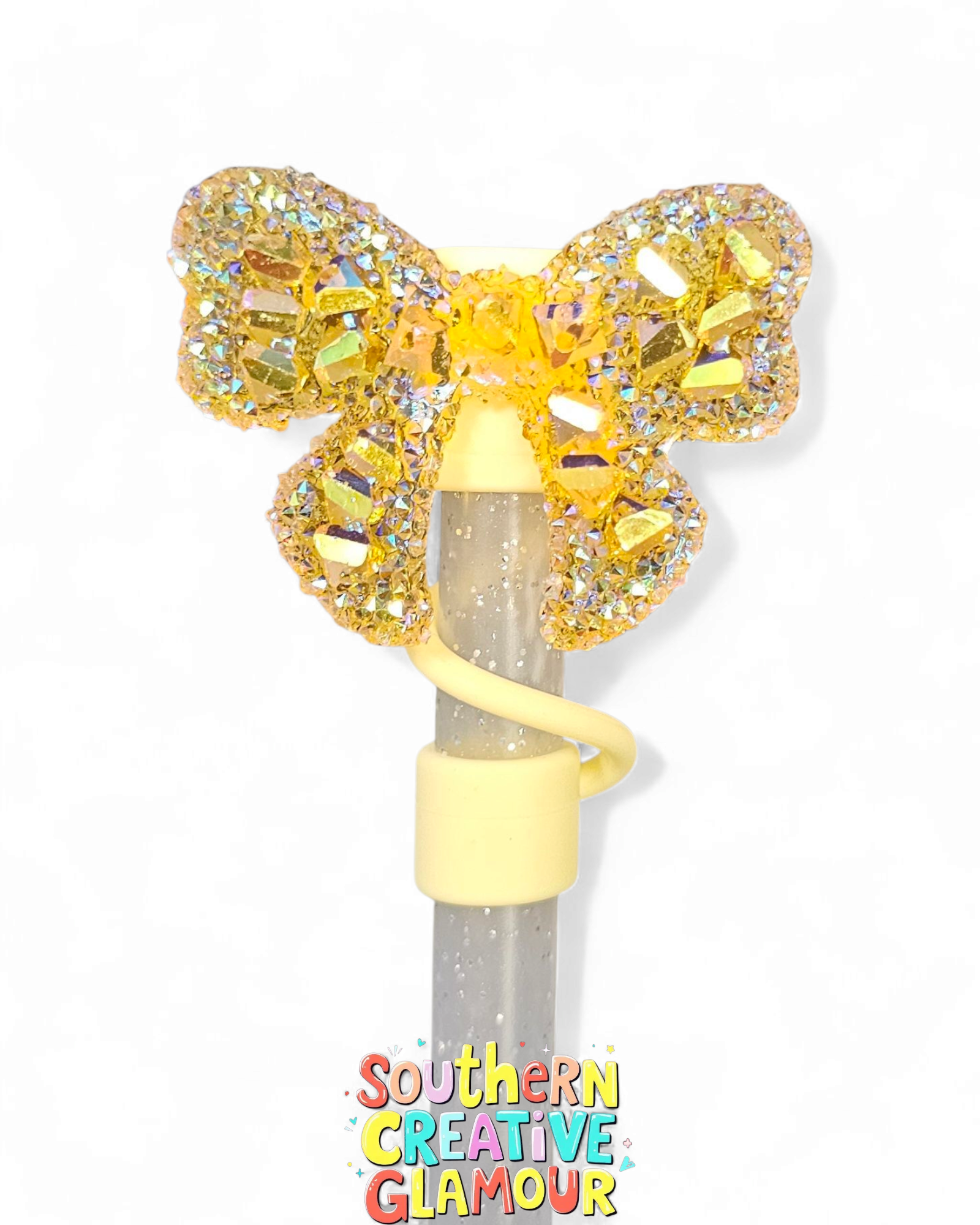 Gold Glitter Ribbon Bow Silicone 10mm Straw Topper by Southern Creative Glamour 