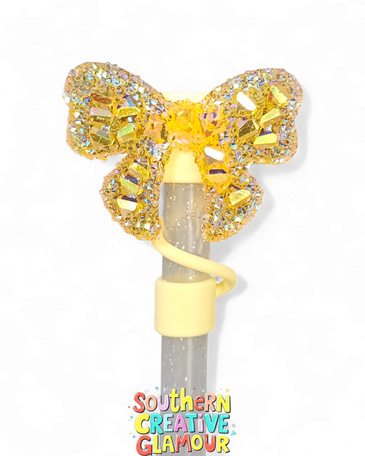 Gold Glitter Ribbon Bow Silicone 10mm Straw Topper by Southern Creative Glamour 
