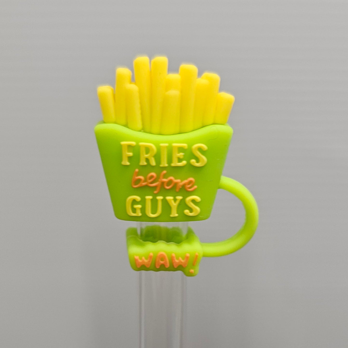 Lime Green, orange, and yellow " Fries Before Guys " 3D Silicone Straw Topper  - Straw Cover. Fits 10mm and Stanley Straws. 