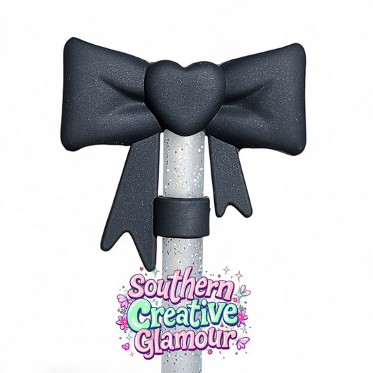 Black 3D Heart Bow Silicone 10mm Straw Topper by Southern Creative Glamour 