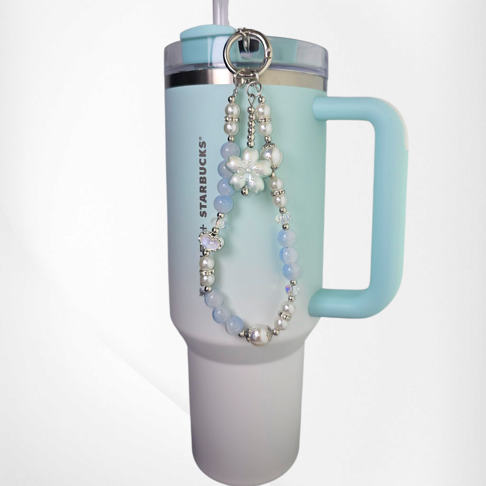 Mint Sakura Flower with White & Light Blue Faux Pearl Beads, and White Pearl Heart with Silver Keyring Charm Bracelet. 