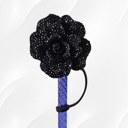 Glitter Rose Flower 8mm Straw Topper - Black