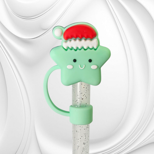 Sea Foam Green Star wearing red Santa Hat 3D Silicone Straw Topper. 