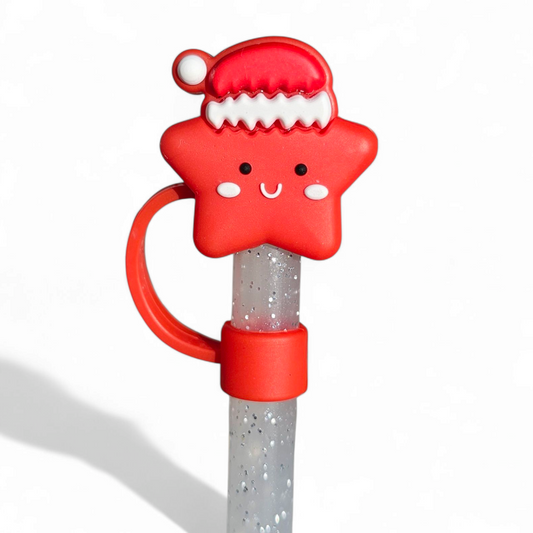 Red Star wearing Santa Clause Hat 3D Silicone 10mm Straw Topper 
