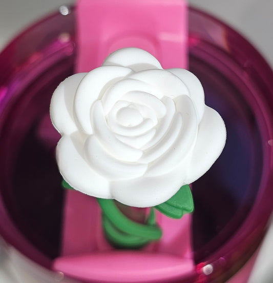 White Rose Flower 3D Silicone Straw Topper  - Straw Cover  - Straw Cap 