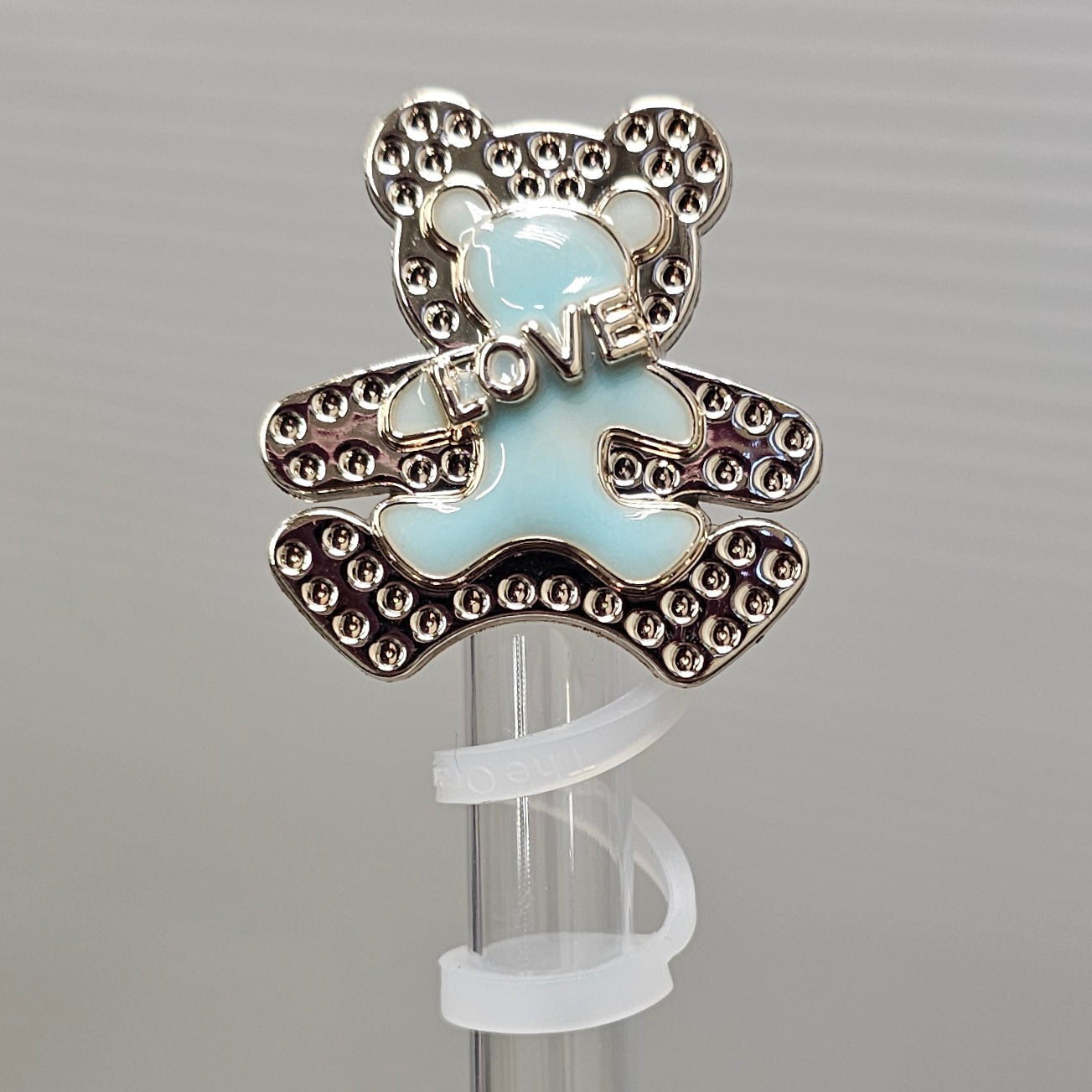 Shiny Light Blue Teddy Bear with " Love " Silicone Straw Topper  - Straw Cover. Fits 10mm Straws. 