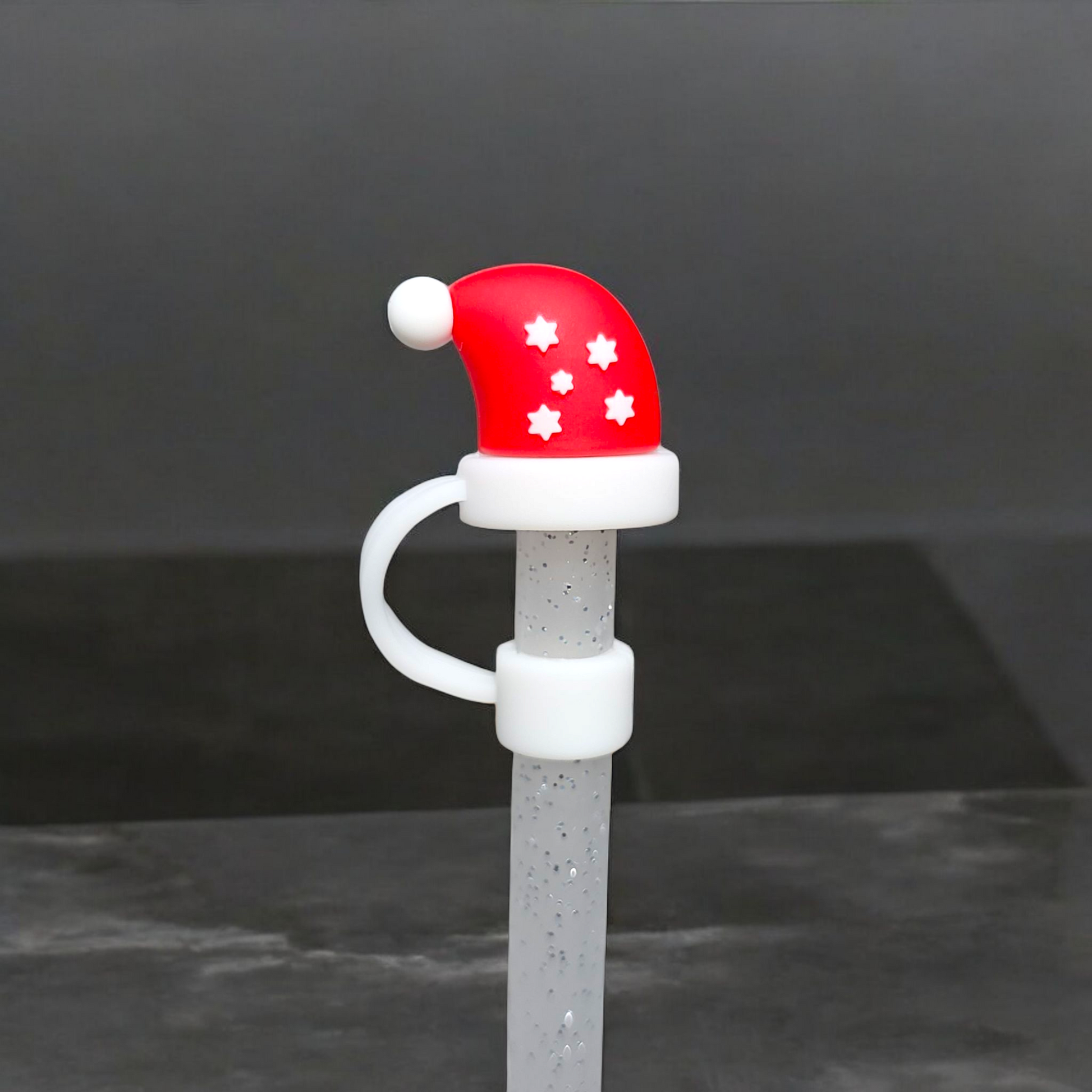 Red and White Christmas Santa Hat 3D Silicone Straw Topper 