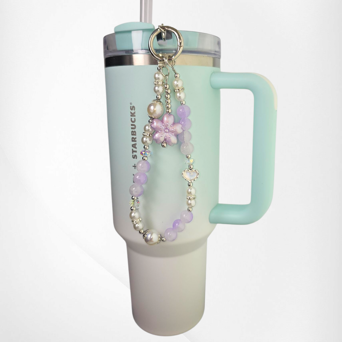 Lavender Purple Sakura Flower with White & Purple Faux Pearl Beads, and White Pearl Heart with Silver Keyring Charm Bracelet. 