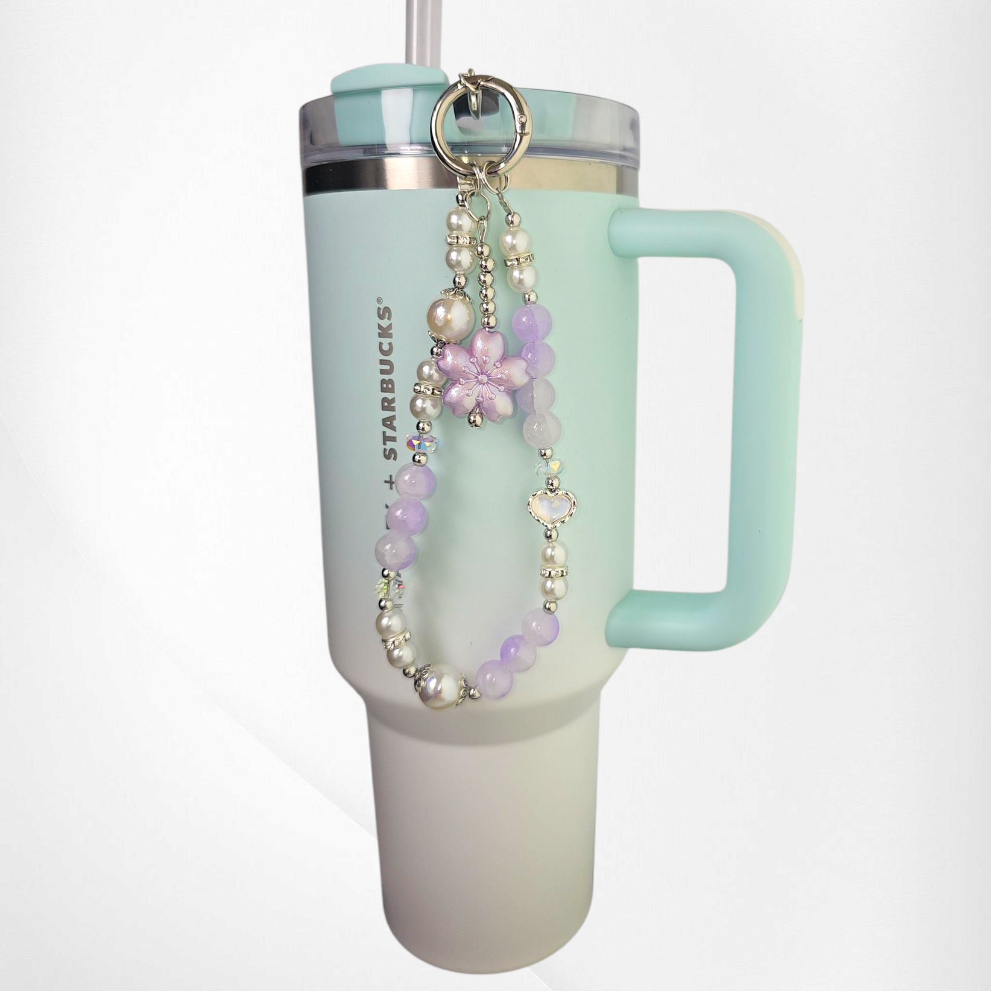 Lavender Purple Sakura Flower with White & Purple Faux Pearl Beads, and White Pearl Heart with Silver Keyring Charm Bracelet. 