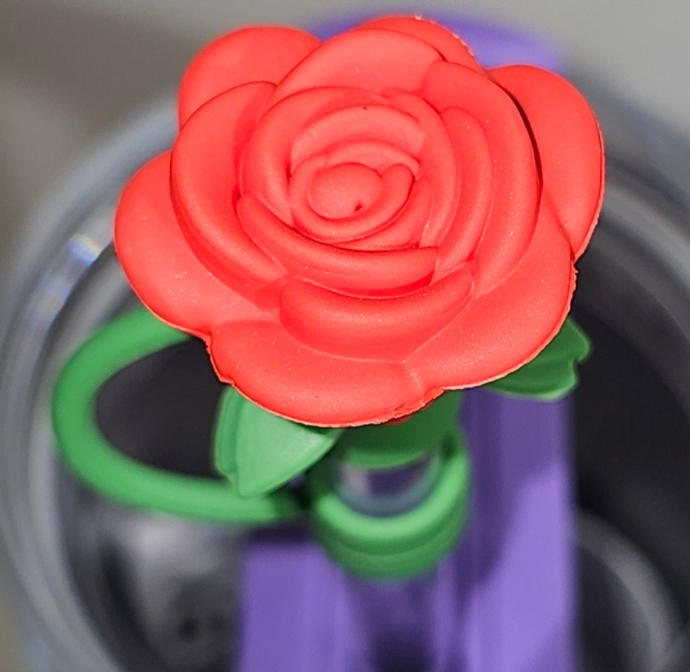 Red Rose Flower 3D Silicone Straw Topper  - Straw Cover  - Straw Cap 