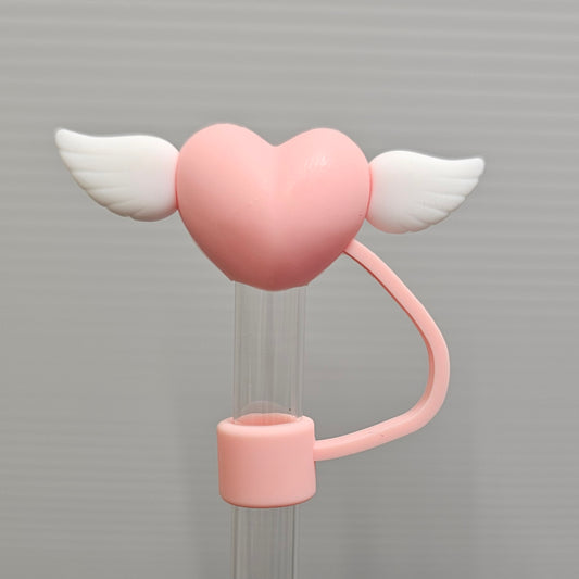 Light Pink Heart and White Angel Wings 3D Silicone Straw Topper - Straw Cover  - Straw Cap. Fits 10mm and Stanley Straws. 