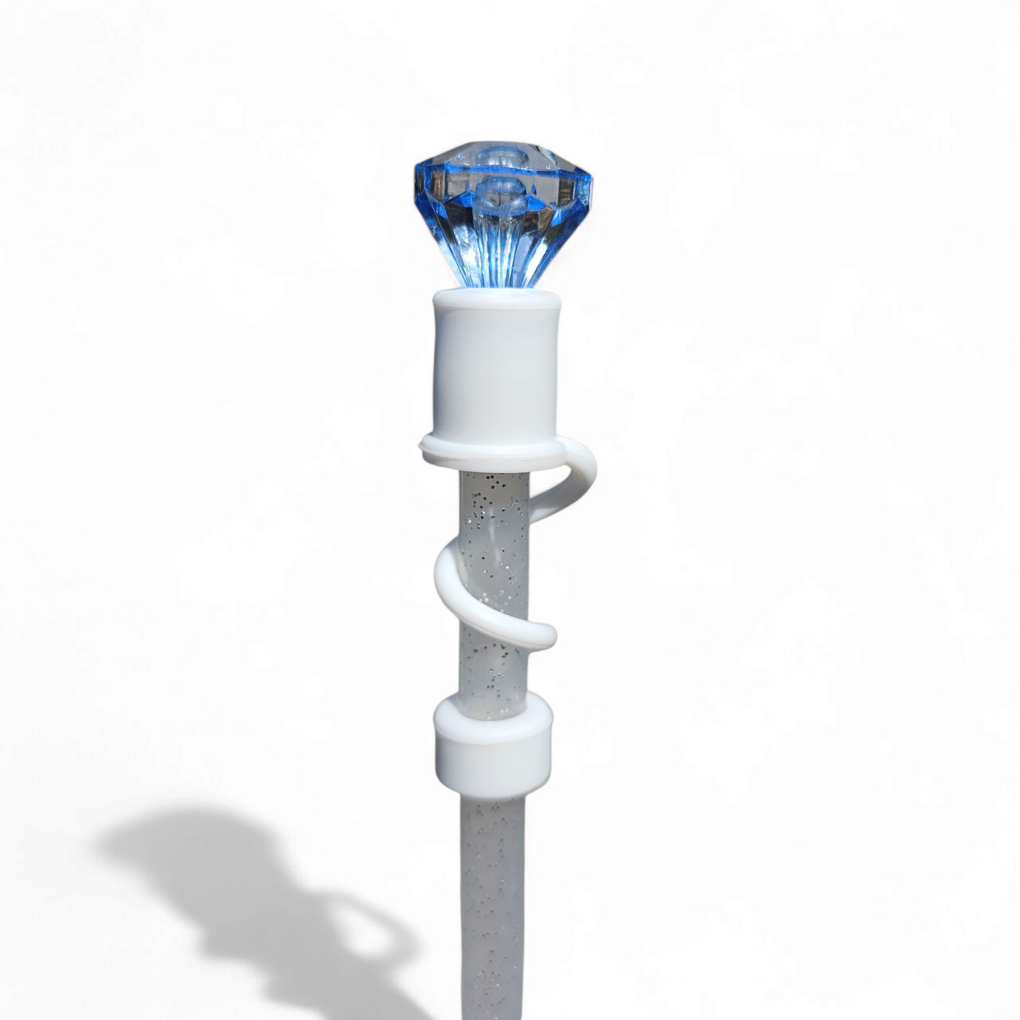 Blue Diamond Straw Topper with White Silicone Straw Topper Base. 