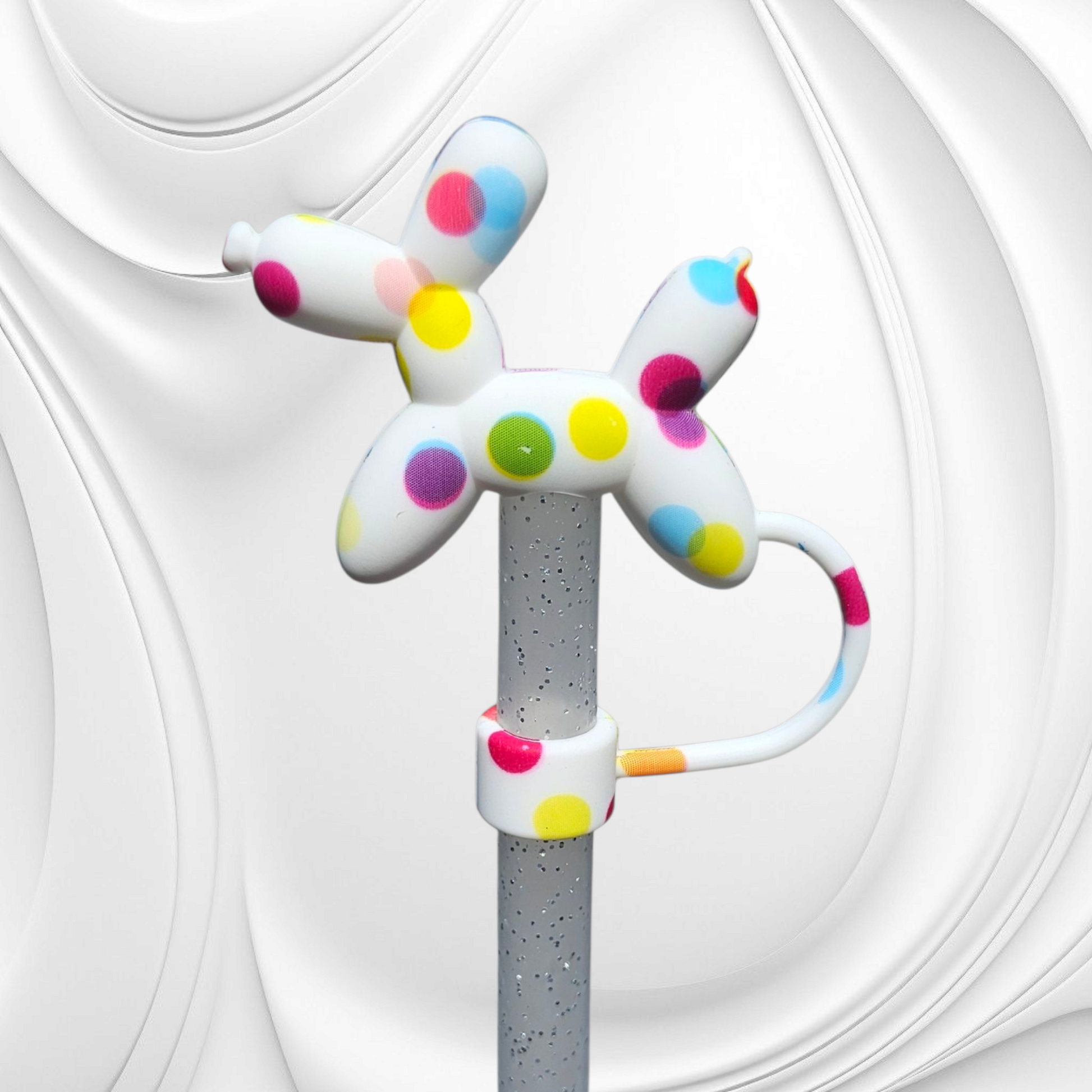 Multicolor polka dots 3D Silicone Balloon Dog Straw Topper