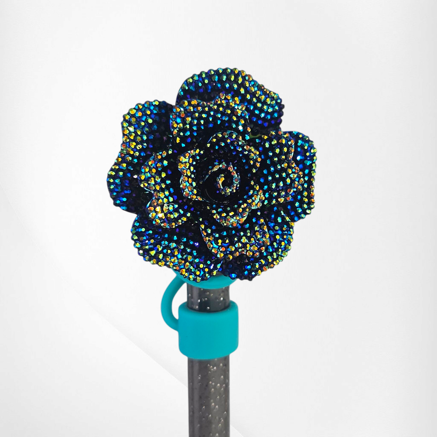 Black Chroma Glitter Rose Straw Topper with teal Straw cap base. 