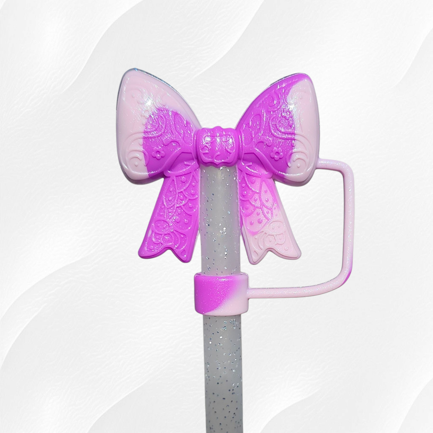 Electric Purple and Lilac Purple Swirl Shimmer 3D Lace Ribbon Bow Silicone Straw Topper. 