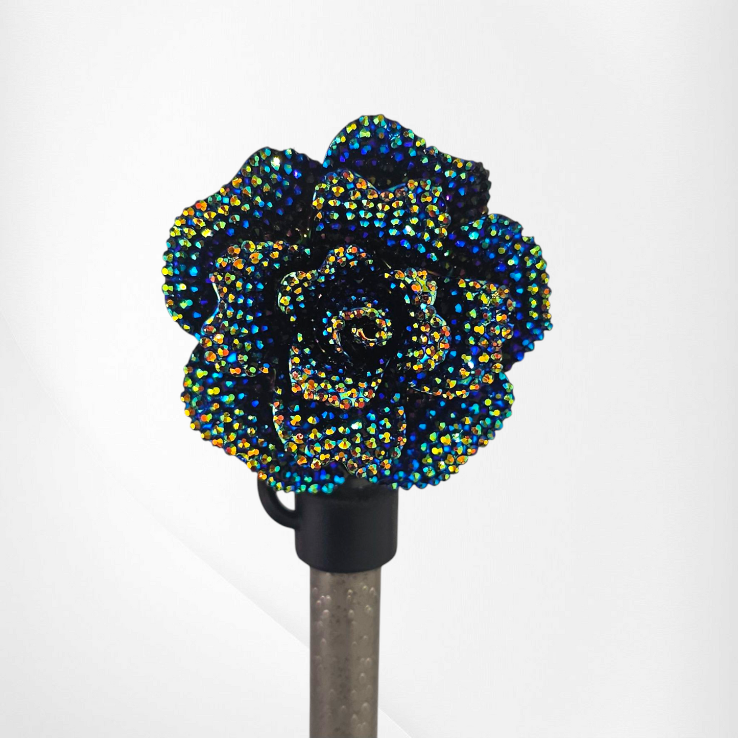 Black Chroma Glitter Rose Straw Topper with Black Straw cap base. 