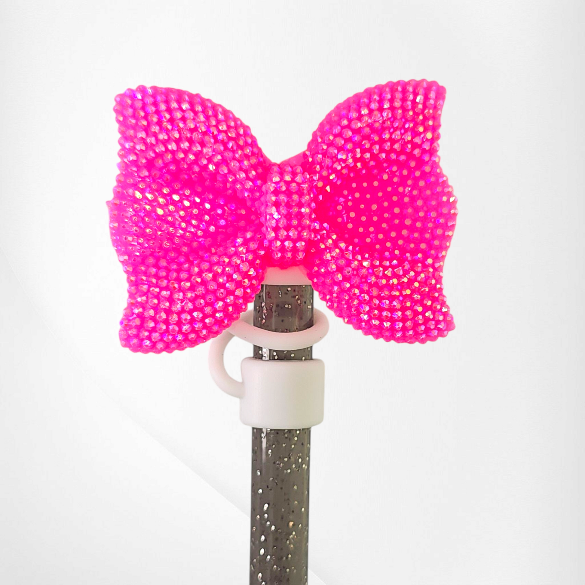 Hot Pink and white Glitter Bow Silicone Straw Topper  - Straw Cover. Fits 10mm and Stanley Straws. 