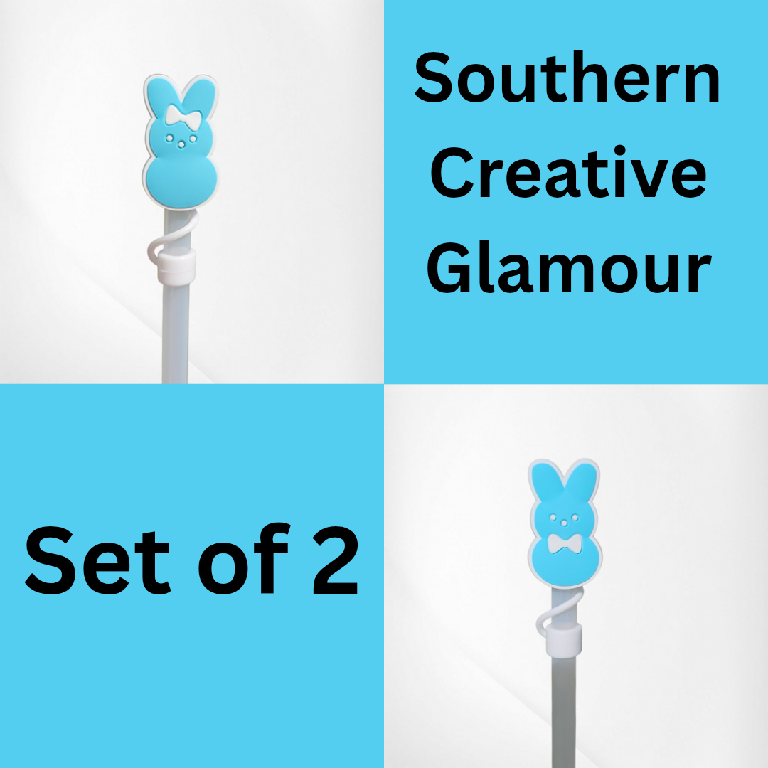 Blue girl and boy Peeps inspired Easter Bunny 2D Silicone Straw Topper  - Straw Cover. Set of 2. 