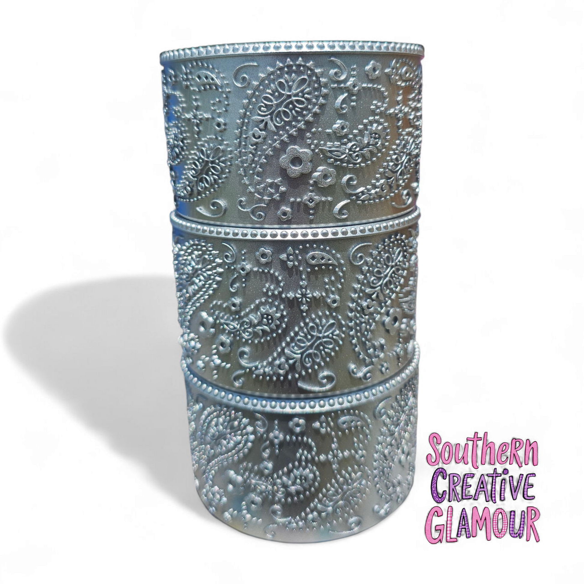 Silver Shimmer Silicone Tumbler Boot with 3D Textured Floral and Paisley Design by Southern Creative Glamour. 