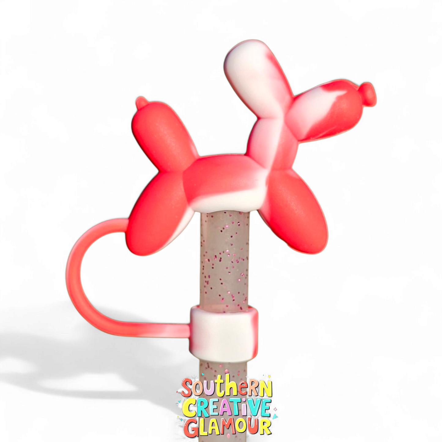 Red and White Swirl Balloon Dog 3D Silicone 10mm Straw Topper by Southern Creative Glamour 