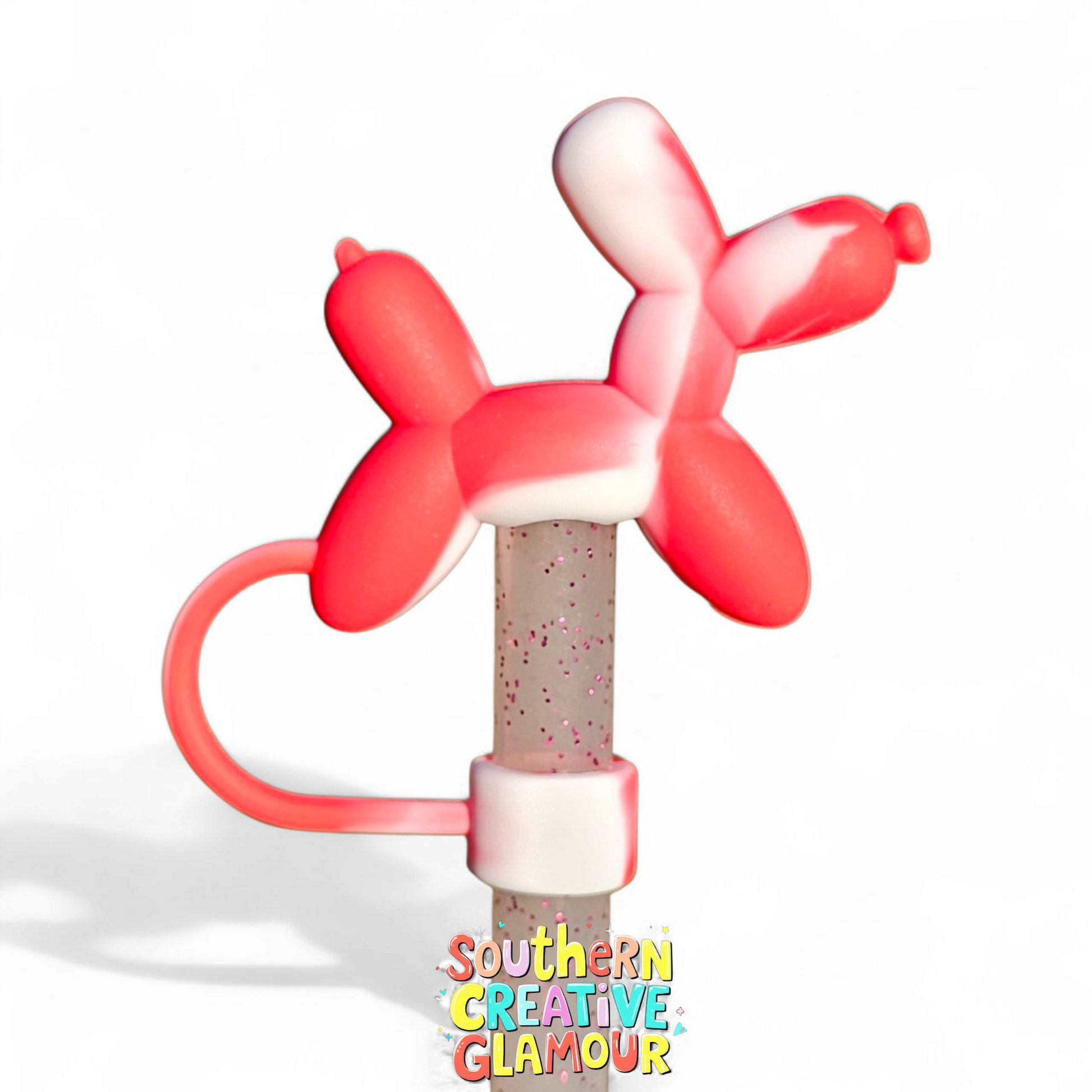Red and White Swirl Balloon Dog 3D Silicone 10mm Straw Topper by Southern Creative Glamour 