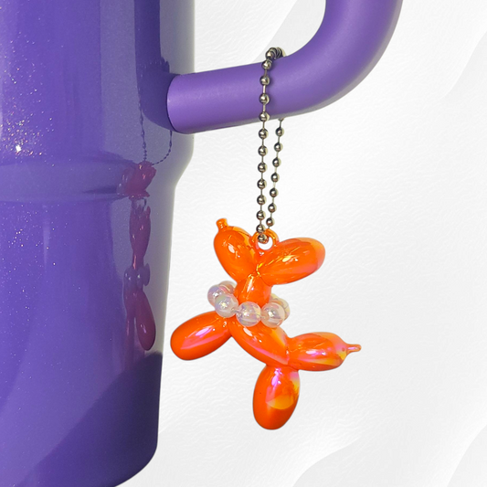 Iridescent Pearlescent Orange Balloon Dog Charm with Beaded Faux Pearl Necklace. 