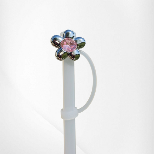 Luxury Flower with Pink Diamond Silicone Straw Topper  - Silver