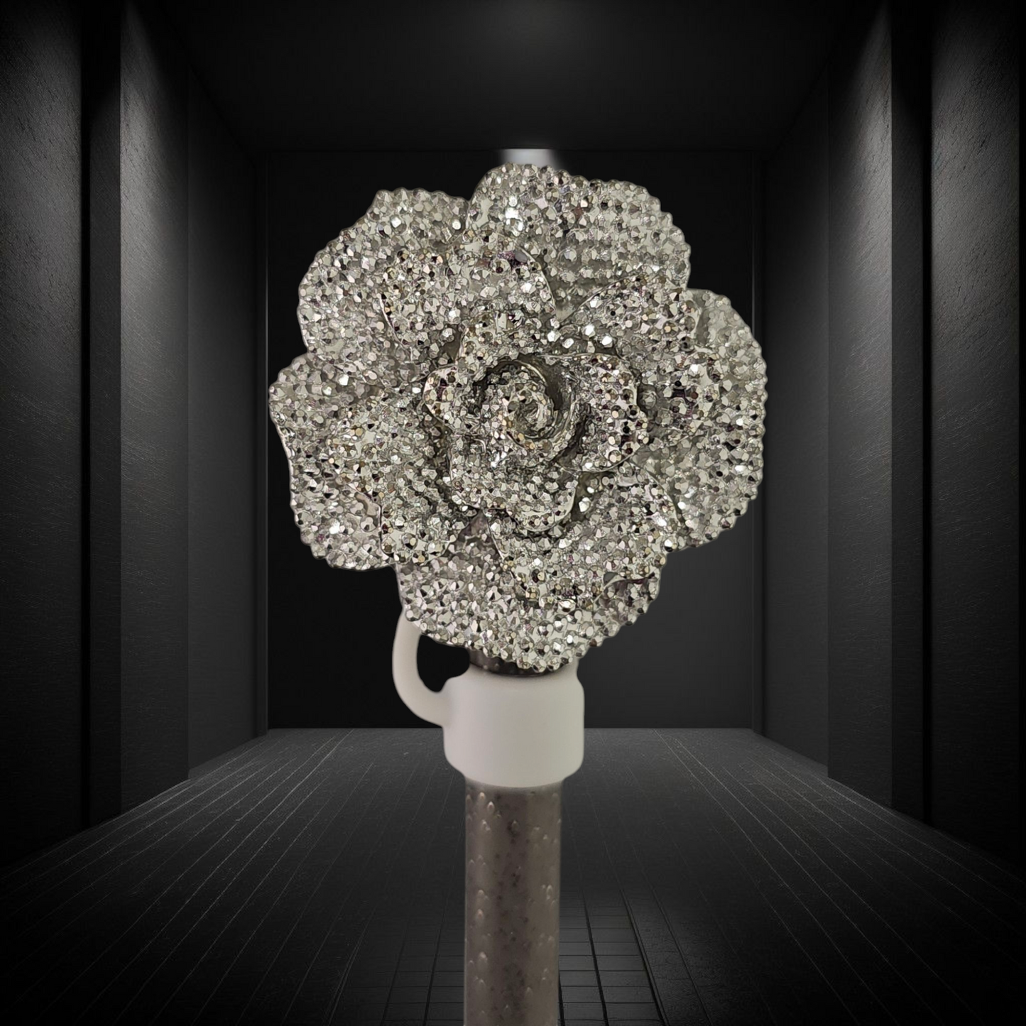 Rose Flower Glitter Straw Topper - Silver Glitter