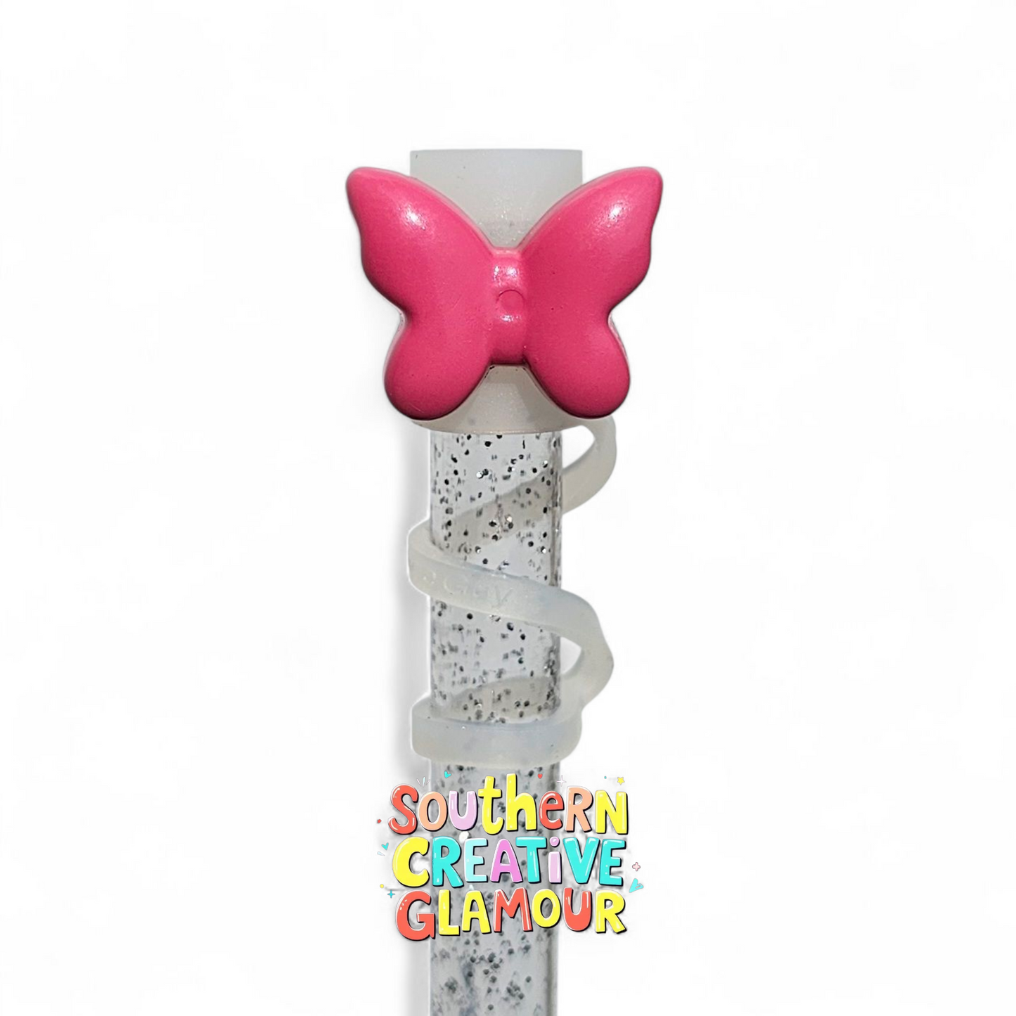 Pink Butterfly Silicone 10mm Straw Toppers by Southern Creative Glamour 