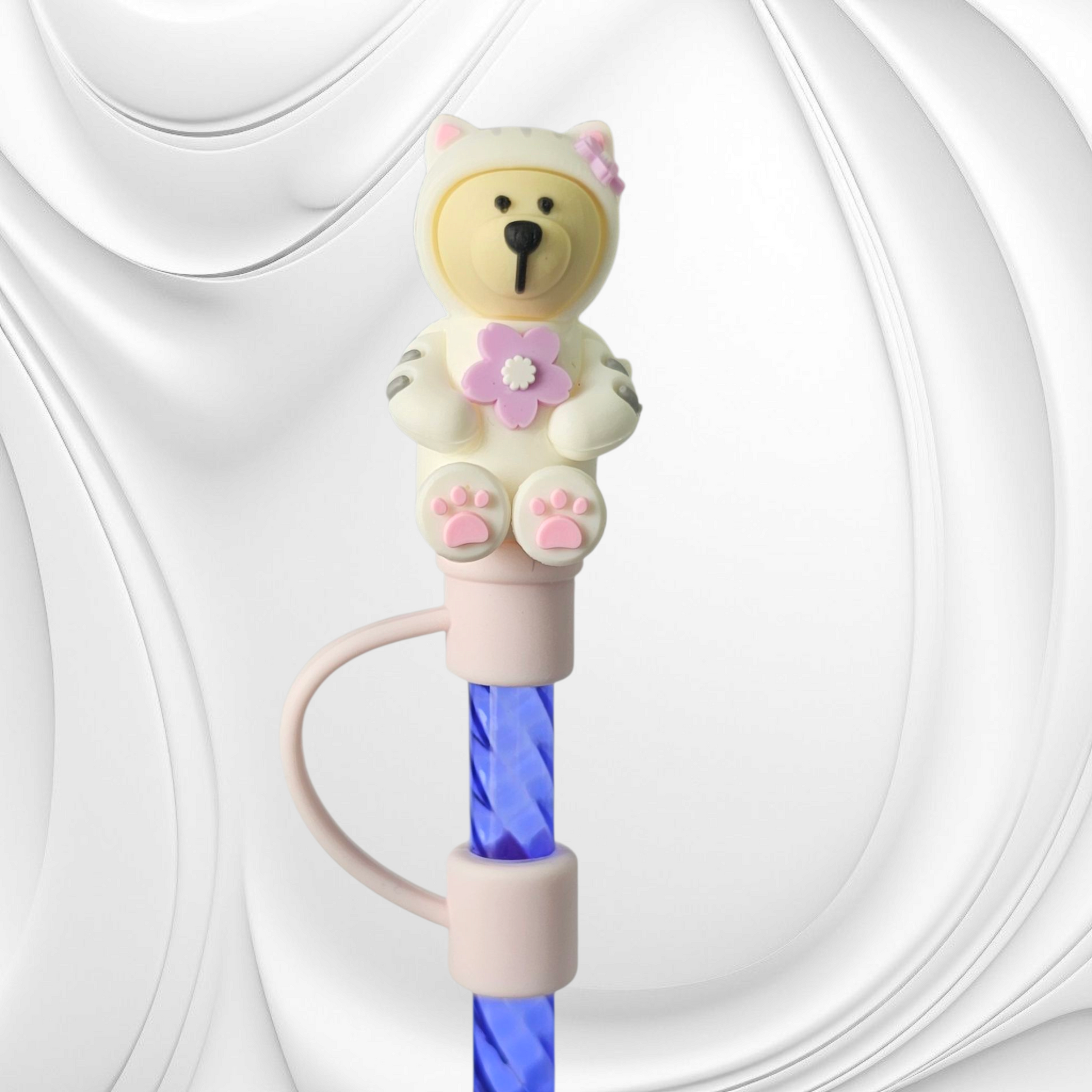 Pink and purple Sakura Bear 8mm 3D Silicone Straw Topper 