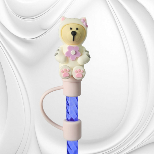 Pink and purple Sakura Bear 8mm 3D Silicone Straw Topper 