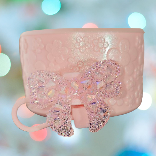 Pearl Pink Shimmer Flower Textured Silicone Tumbler Boot and Pink Glitter Flower Straw Topper Set. 